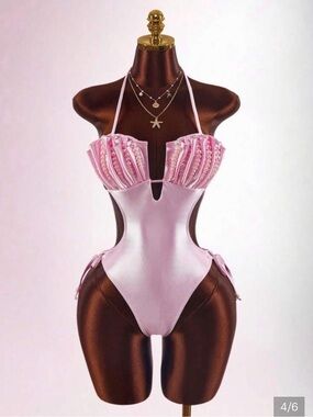 Mermaid 🧜‍♀️ Pink Pearl-Trim bathing suit- gorgeous! Comes w/ necklace!